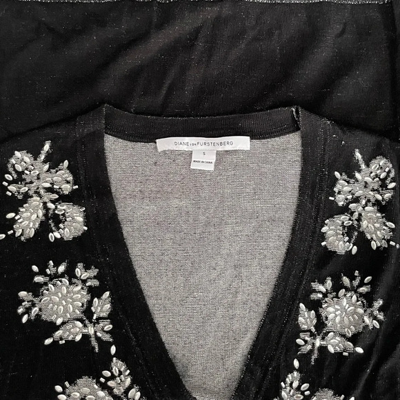 DIANE VON FURSTENBERG Cardigan TENNIE EMB Size S Black Rhinestone Jeweled V-neck - Picture 3 of 3